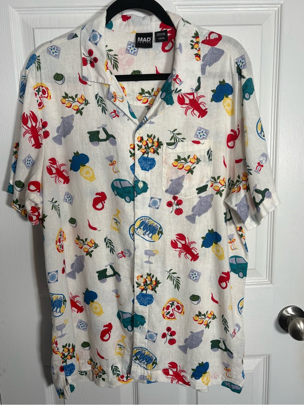 MAD Engine White Short-Sleeve Button-Down Shirt with Multicolor Summer Motifs